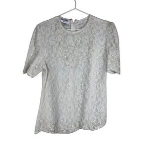Retro Beaded Floral Top M White Glam Lace Bridal Retro Classic Chic Preppy Boho